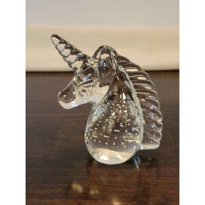 Handcrafted Clear Glass Unicorn Figurine Paperweight Controlled Bubbles 4" Tall